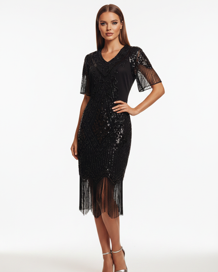Schwarzes Glitzer Kleid Midi - Ansicht 5