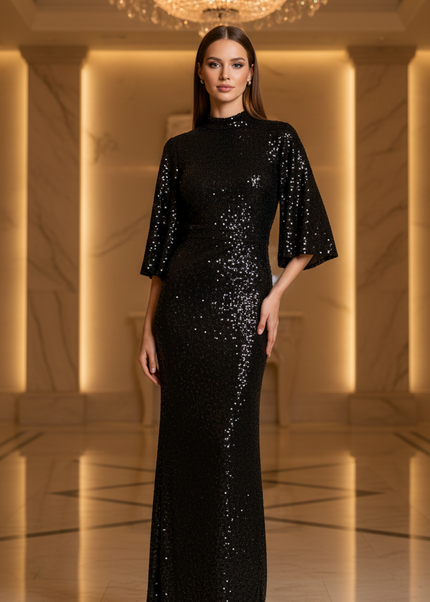 Schwarzes Abiball Glitzerkleid lang - Ansicht 1