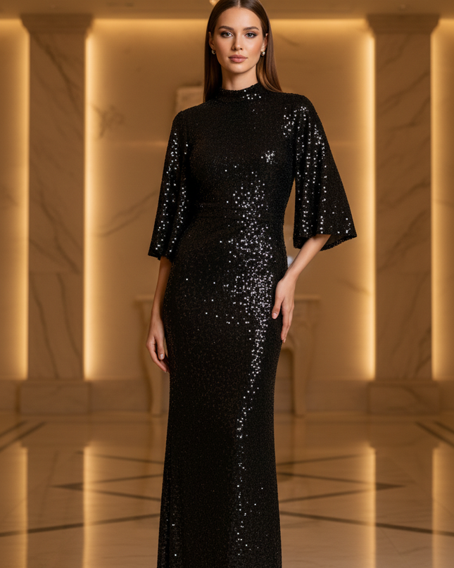 Schwarzes Abiball Glitzerkleid lang - Ansicht 1