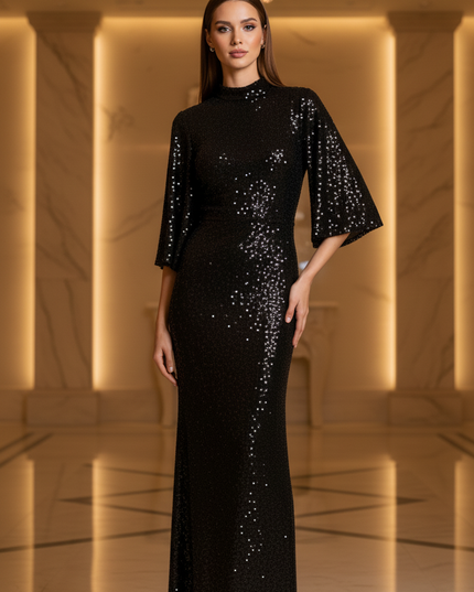 Schwarzes Abiball Glitzerkleid lang - Ansicht 3