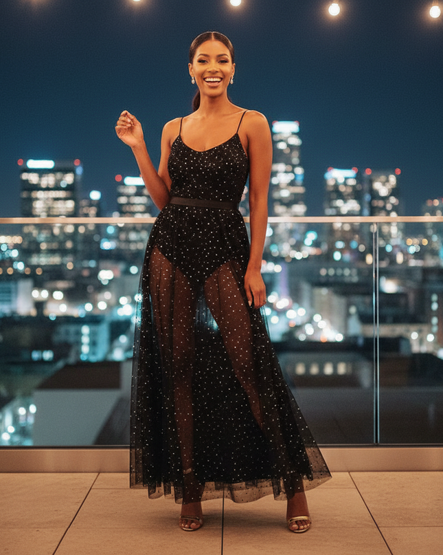 Schwarzes Glitzerkleid Mesh Lang - Ansicht 1