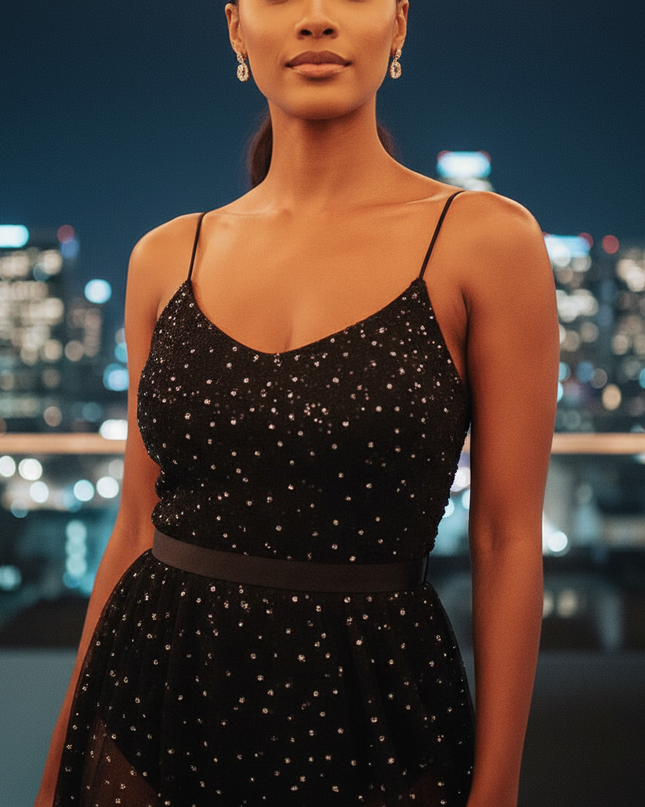 Schwarzes Glitzerkleid Mesh Lang - Ansicht 4
