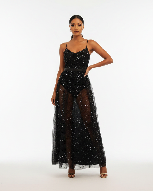Schwarzes Glitzerkleid Mesh Lang - Ansicht 5