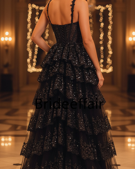 Schwarzes Kleid mit Glitzer lang und Tuell - Ansicht 2