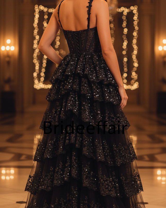 Schwarzes Kleid mit Glitzer lang und Tuell - Ansicht 2