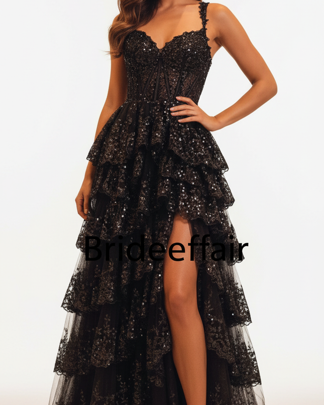 Schwarzes Kleid mit Glitzer lang und Tuell - Ansicht 5