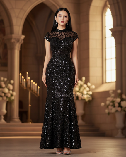 Schwarzes Meerjungfrau Kleid mit Armeln - Ansicht 1