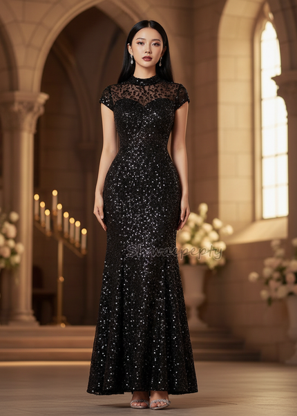 Schwarzes Meerjungfrau Kleid mit Armeln - Ansicht 1