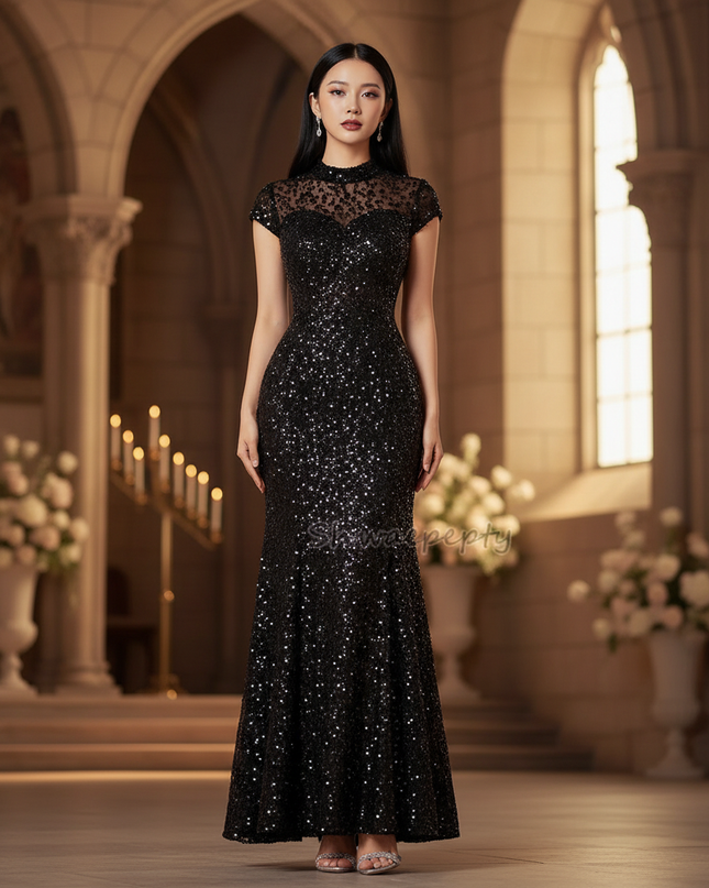 Schwarzes Meerjungfrau Kleid mit Armeln - Ansicht 1