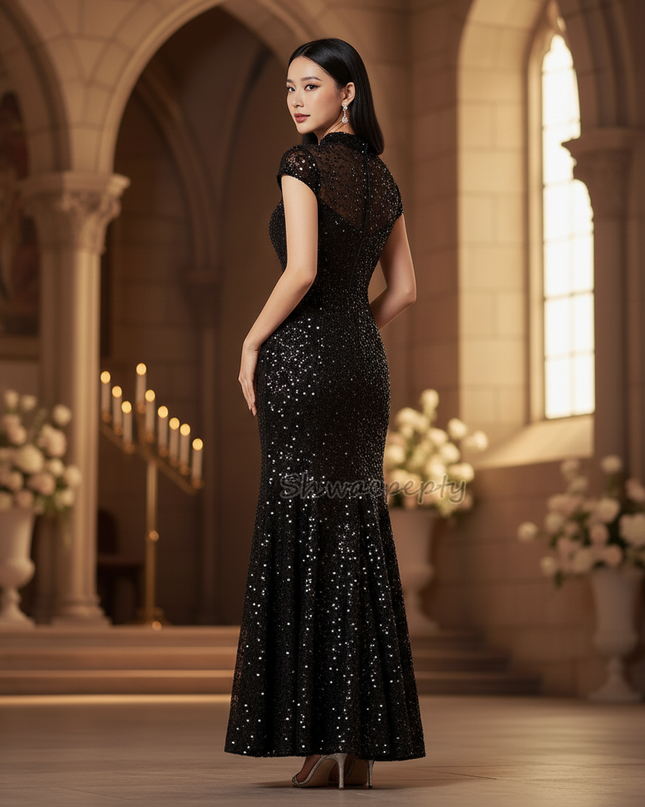 Schwarzes Meerjungfrau Kleid mit Armeln - Ansicht 2