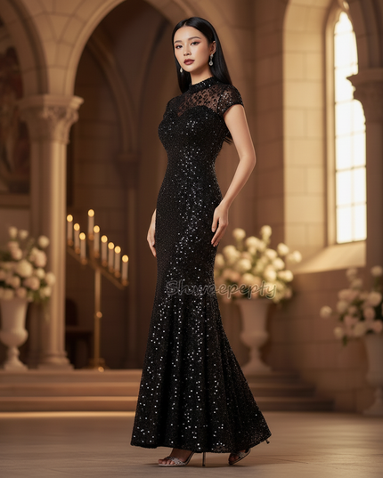 Schwarzes Meerjungfrau Kleid mit Armeln - Ansicht 3