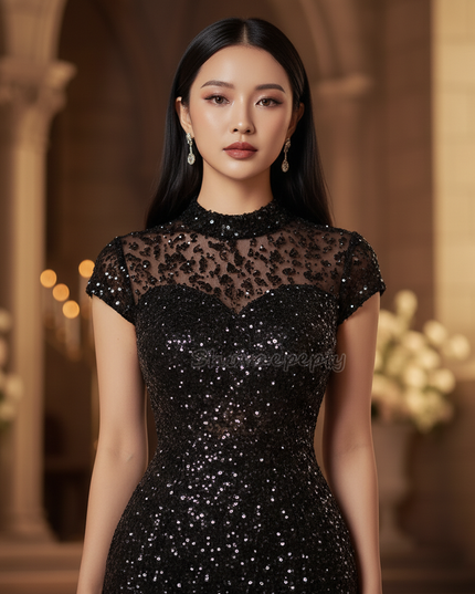 Schwarzes Meerjungfrau Kleid mit Armeln - Ansicht 4