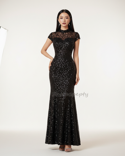 Schwarzes Meerjungfrau Kleid mit Armeln - Ansicht 5