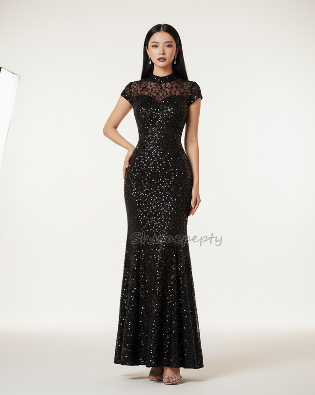 Schwarzes Meerjungfrau Kleid mit Armeln - Ansicht 5