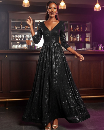 Schwarzes Glitzerkleid Dreiviertelarm - Ansicht 1