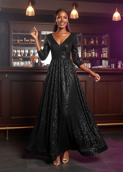 Schwarzes Glitzerkleid Dreiviertelarm - Ansicht 1