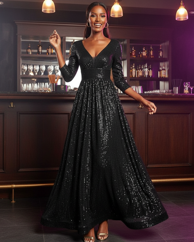 Schwarzes Glitzerkleid Dreiviertelarm - Ansicht 1