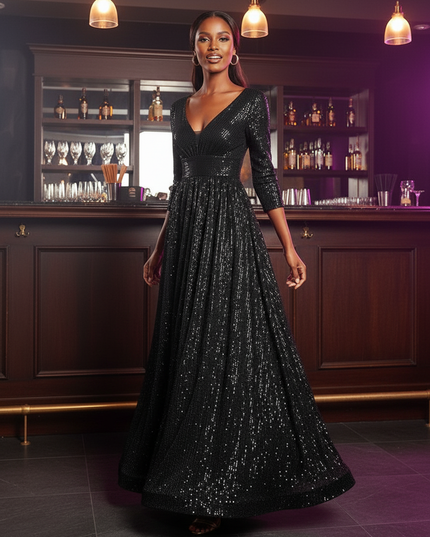 Schwarzes Glitzerkleid Dreiviertelarm - Ansicht 3
