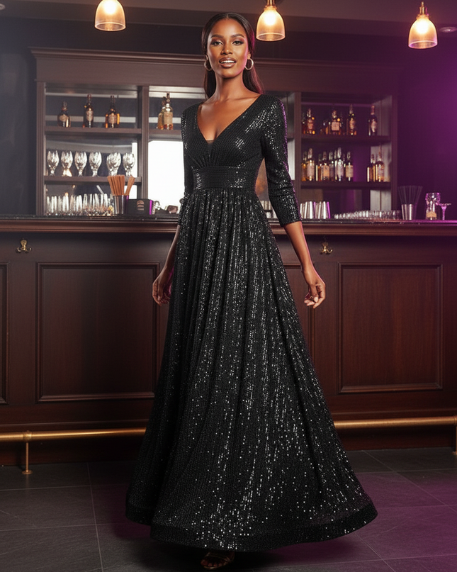 Schwarzes Glitzerkleid Dreiviertelarm - Ansicht 3