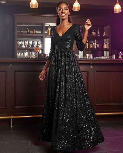 Schwarzes Glitzerkleid Dreiviertelarm - Ansicht 4