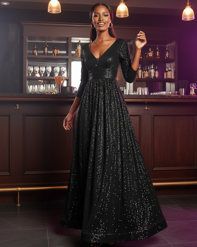 Schwarzes Glitzerkleid Dreiviertelarm - Ansicht 4