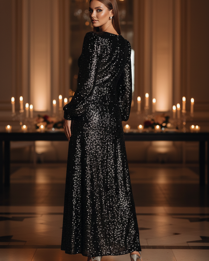Schwarzes Pailletten Kleid Lang Langarm - Ansicht 2
