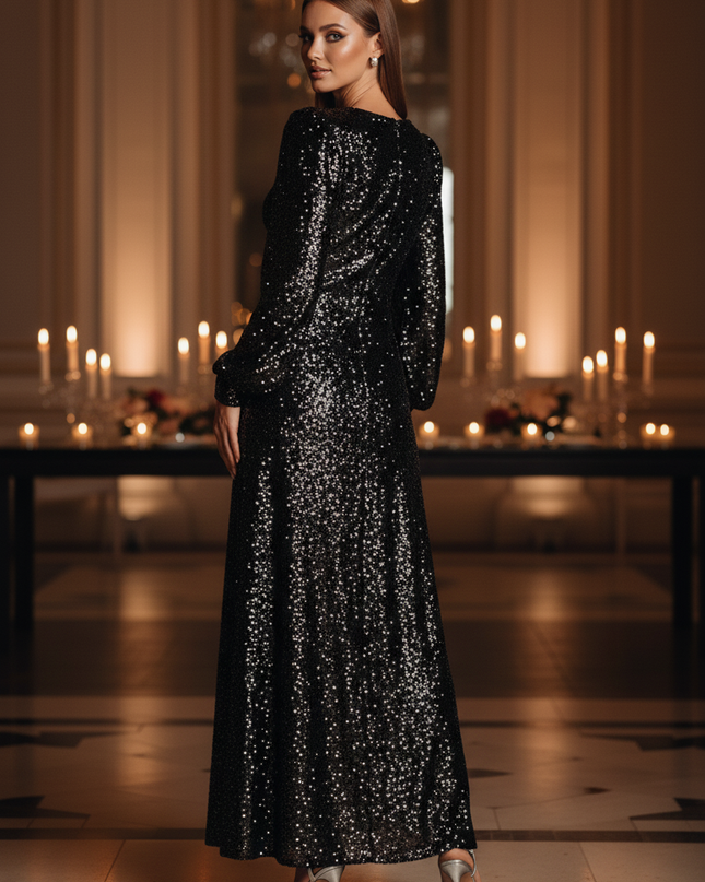 Schwarzes Pailletten Kleid Lang Langarm - Ansicht 2