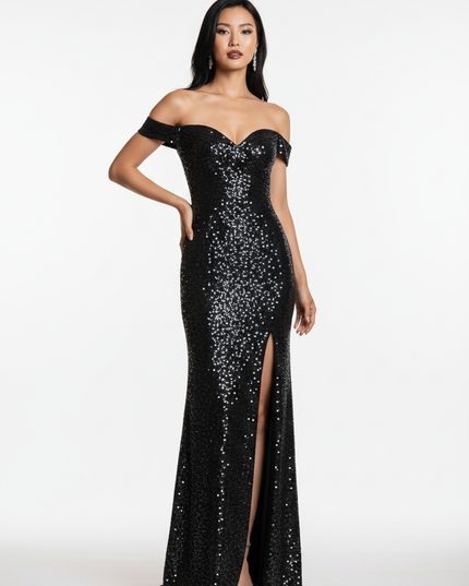 Schwarzes Pailletten Kleid Lang Slim - Ansicht 5