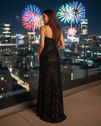 Schwarzes Pailletten Kleid Lang Schlitz - Ansicht 2