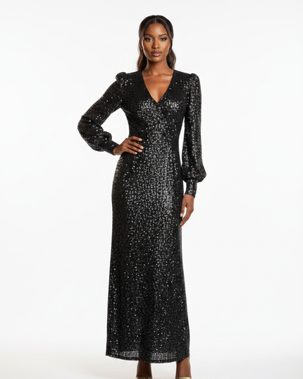 Schwarzes Pailletten Kleid Langarm - Ansicht 5
