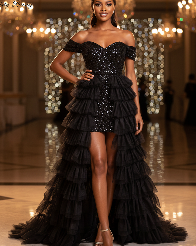 Schwarzes Tuellkleid mit Pailletten - Ansicht 1