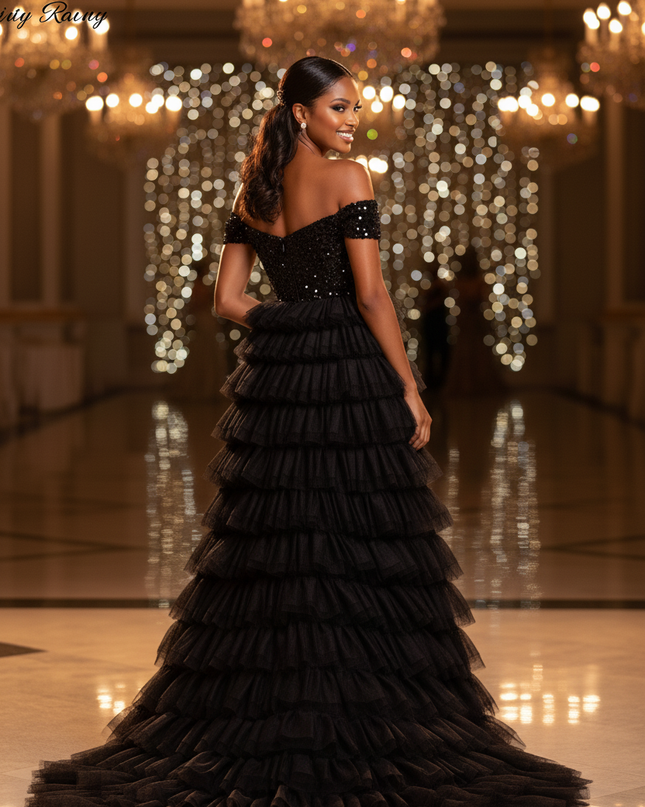 Schwarzes Tuellkleid mit Pailletten - Ansicht 2