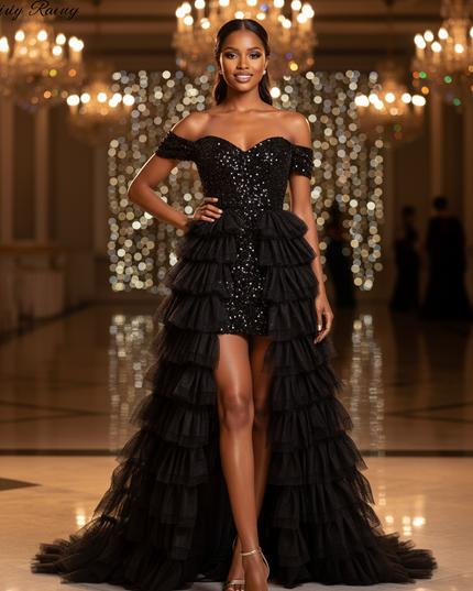 Schwarzes Tuellkleid mit Pailletten - Ansicht 3