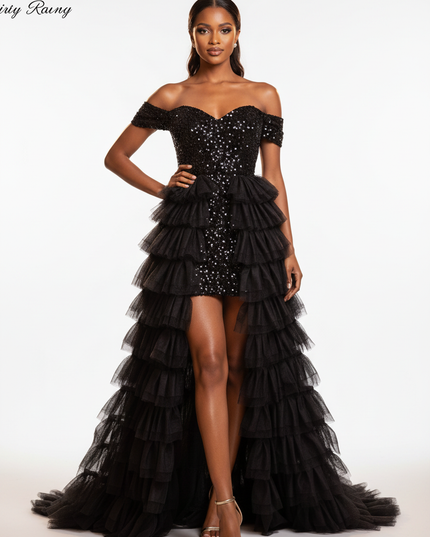 Schwarzes Tuellkleid mit Pailletten - Ansicht 5