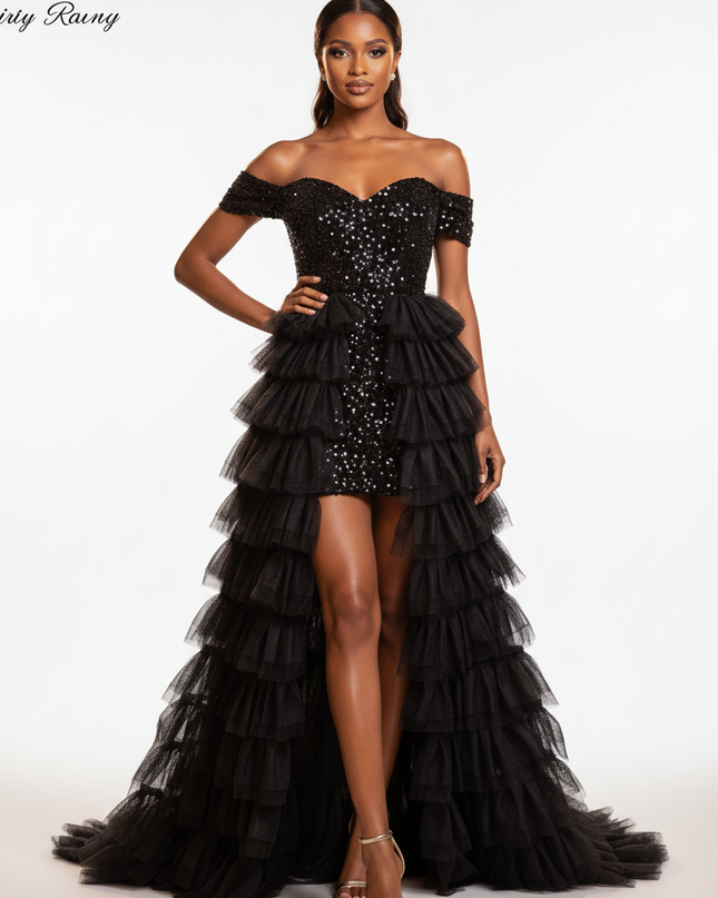 Schwarzes Tuellkleid mit Pailletten - Ansicht 5