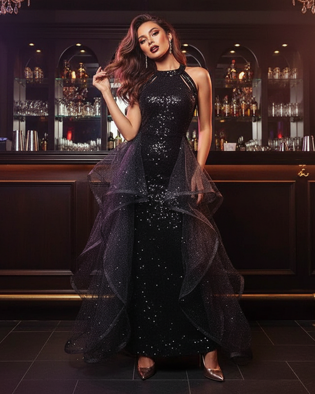 Schwarzes Tuell Kleid Glitzer Lang - Ansicht 1
