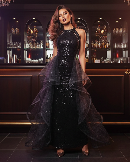 Schwarzes Tuell Kleid Glitzer Lang - Ansicht 3