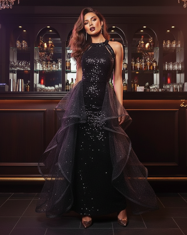Schwarzes Tuell Kleid Glitzer Lang - Ansicht 3