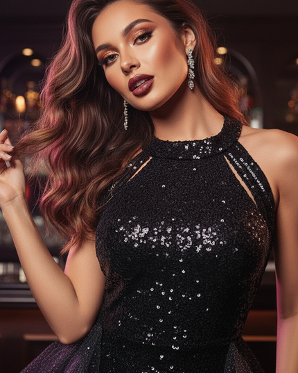 Schwarzes Tuell Kleid Glitzer Lang - Ansicht 4