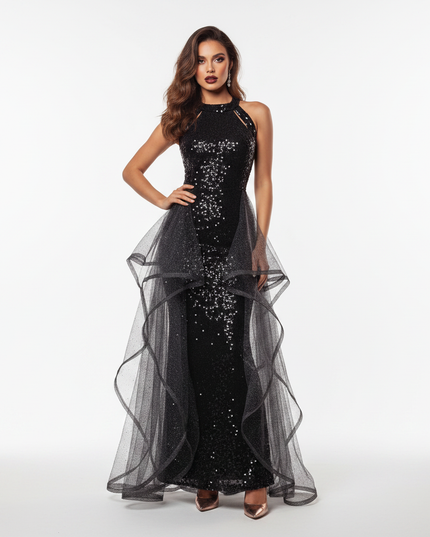 Schwarzes Tuell Kleid Glitzer Lang - Ansicht 5