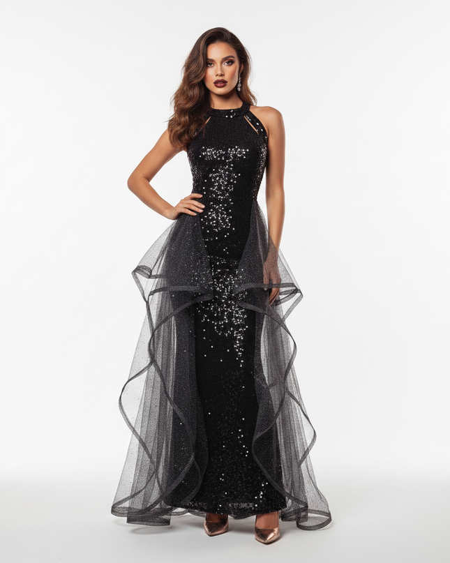 Schwarzes Tuell Kleid Glitzer Lang - Ansicht 5