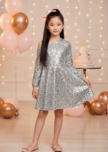 Silbernes Maedchen-Glitzerkleid - Ansicht 1
