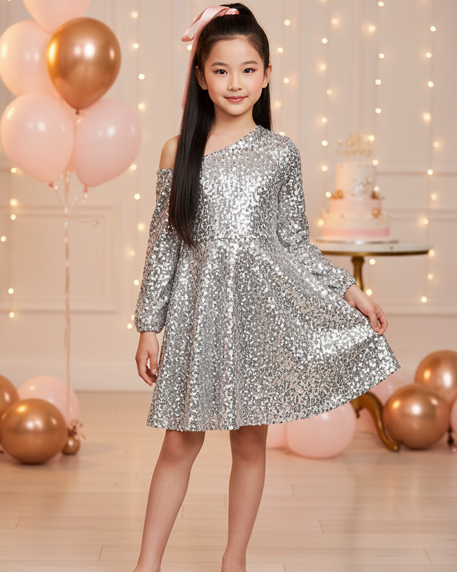 Silbernes Maedchen-Glitzerkleid - Ansicht 1