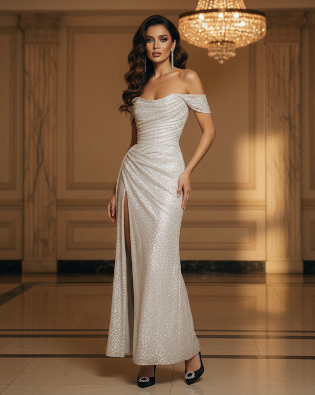 Silber Glitzer Kleid Maxi Off-Shoulder - Ansicht 1