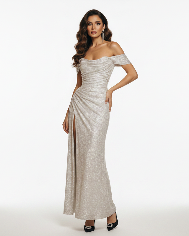 Silber Glitzer Kleid Maxi Off-Shoulder - Ansicht 5