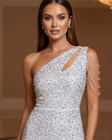Silber Glitzer Kleid One-Shoulder - Ansicht 4
