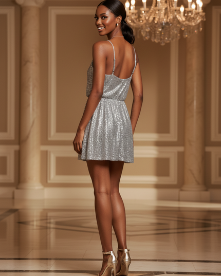 Silber Glitzer Minikleid V-Ausschnitt - Ansicht 2