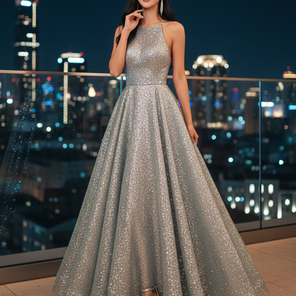 Silbernes Glitzerkleid in A-Linie - Ansicht 1