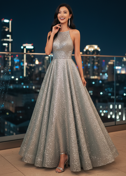 Silbernes Glitzerkleid in A-Linie - Ansicht 1