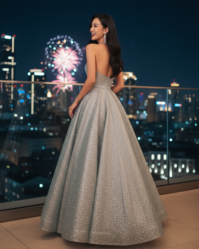 Silbernes Glitzerkleid in A-Linie - Ansicht 2